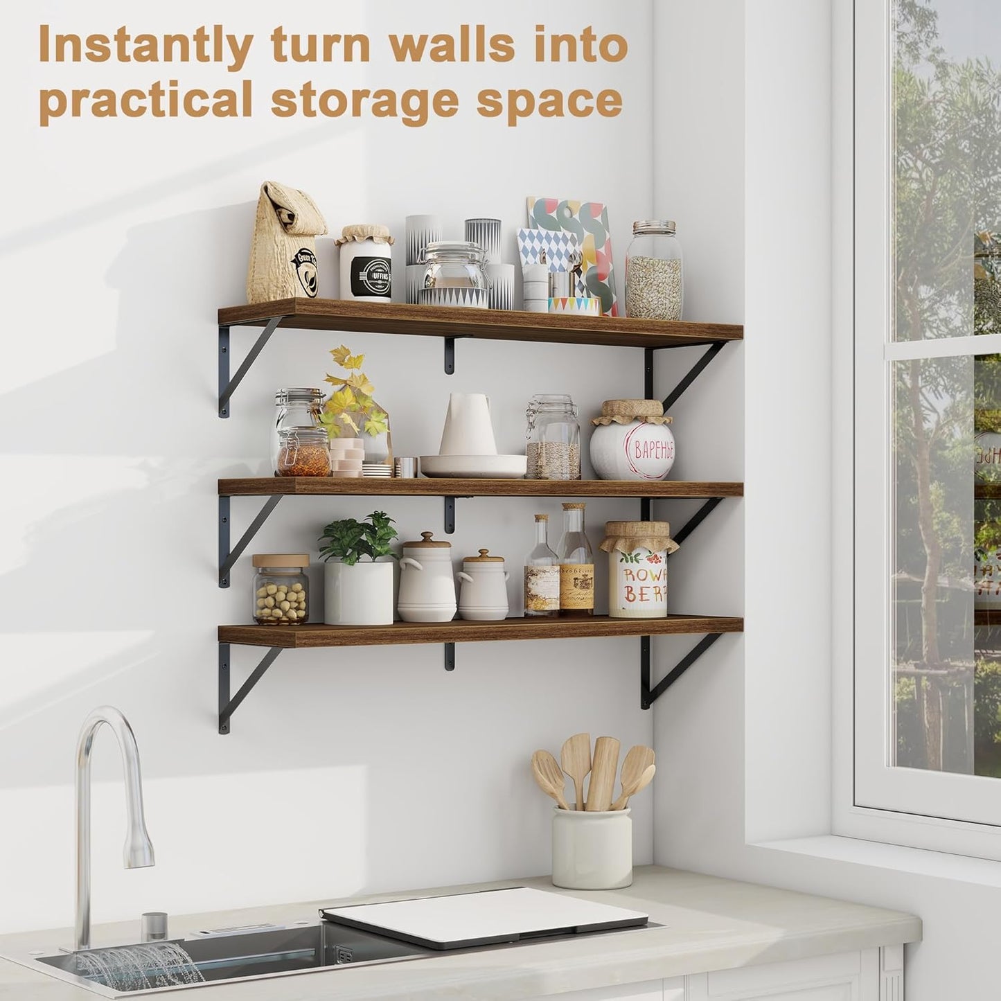 Fun Memories Floating Shelves for Wall, 36 Inches Long Set of 3 Wall Shelves for Bedroom, Floating Bookshelves with Metal Brackets for Living Room, Kitchen, Bedroom and Laundry Room (Walnut)