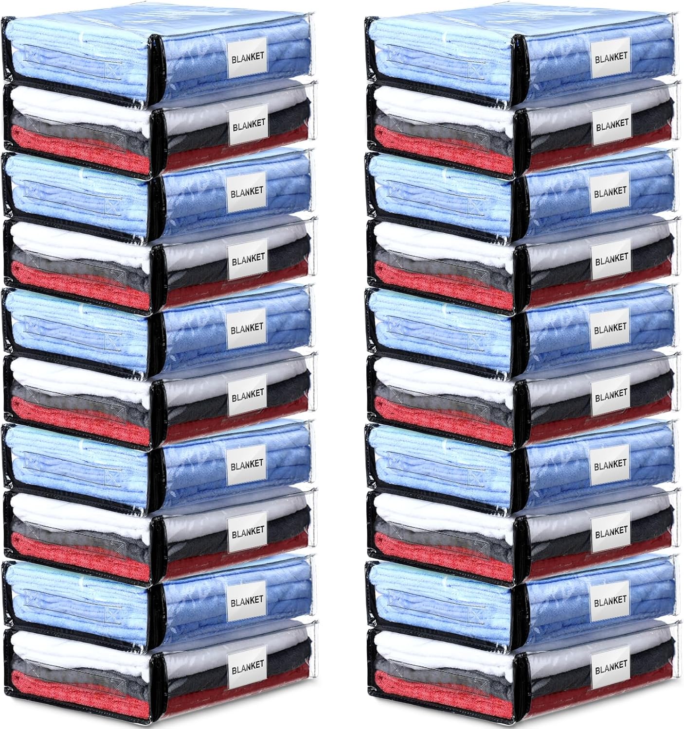 Kenning Set of 20 Clear Vinyl Zippered Storage Bags for Sheet Organizer Plastic Sweater Bags with Handle Pocket for Bed Blanket Throw Pillow Toys(Black,11 x 15 x 4 Inch)