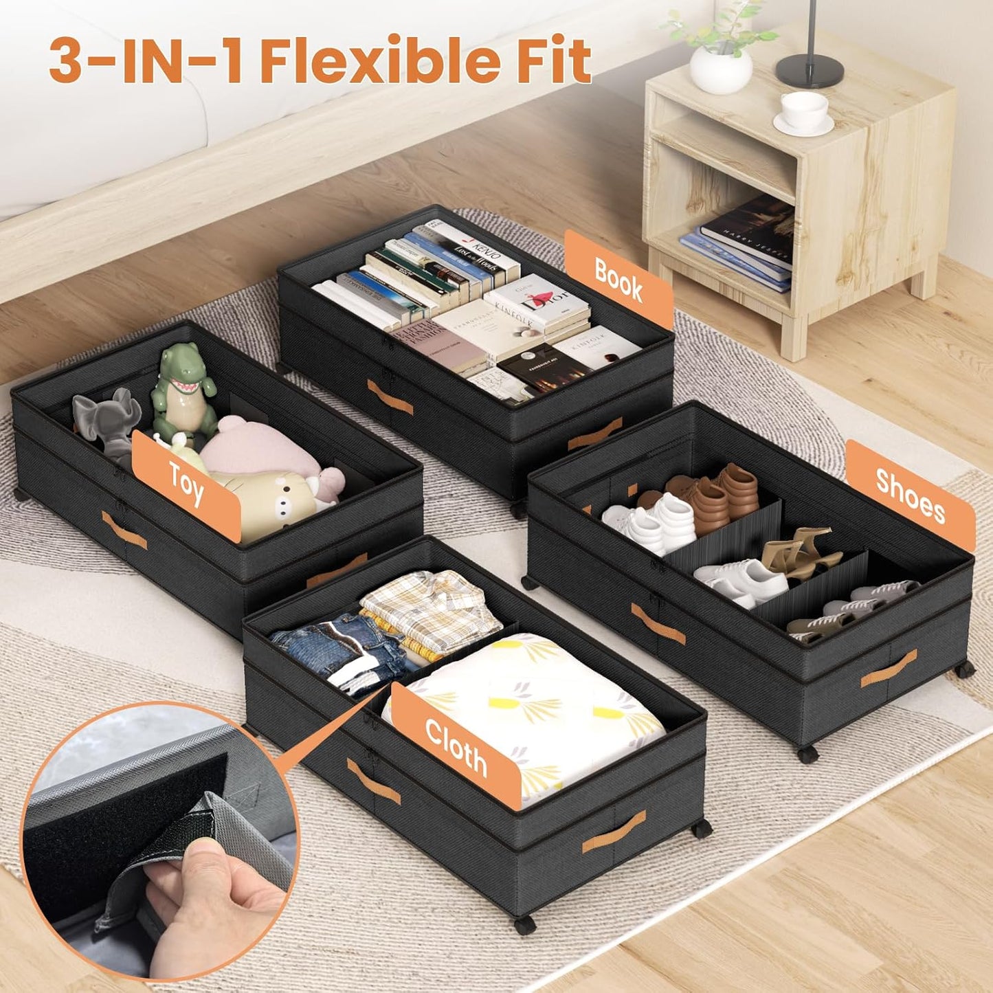 Under Bed Storage with Wheels, 72L XXL Under the Bed Storage Containers Large, 10‘’ Tall Adjustable Storage for Underbed with Lids, Rolling for Shoes, Clothes, Blankets, Black