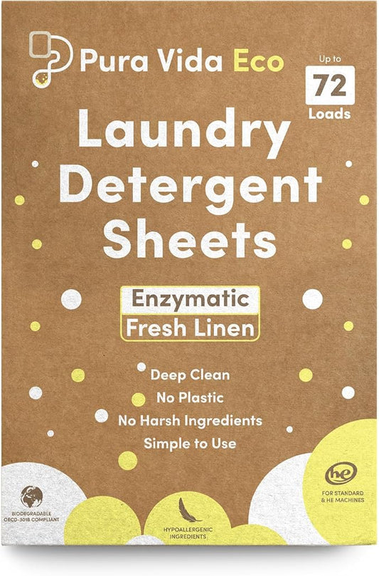 Laundry Detergent Sheets - 36 Sheets (up to 72 Loads) - Fresh Linen Scent - Ideal for Sensitive Skin, Baby Clothes, Travel, & Dorm Living, Eco-Friendly, Plastic-Free Solution