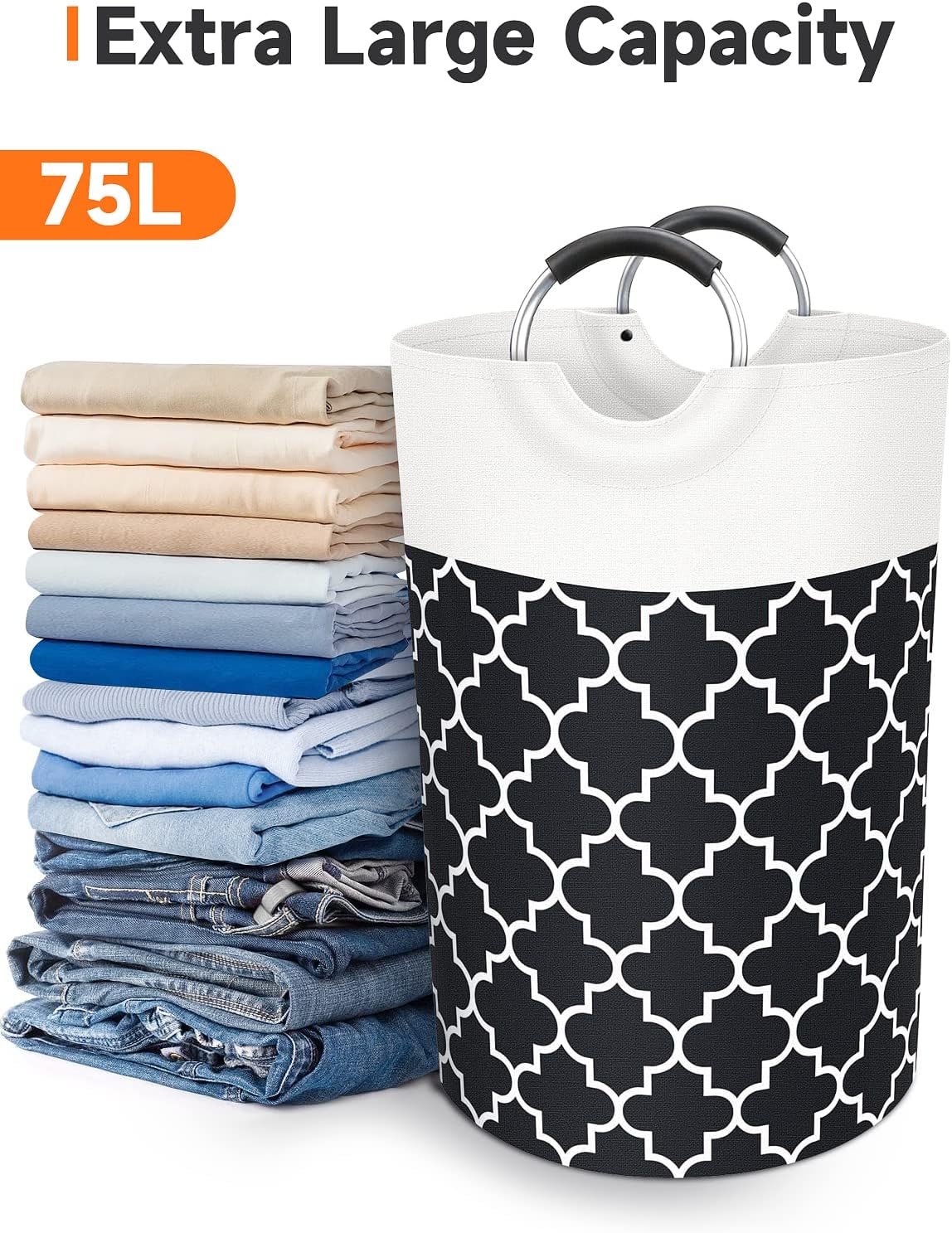Large Laundry Basket Laundry Hamper Bag Washing Bin Clothes Bag Collapsible Tall with Handles Waterproof Travel Bathroom College Essentials Storage for College Dorm, Family (Black) 75L