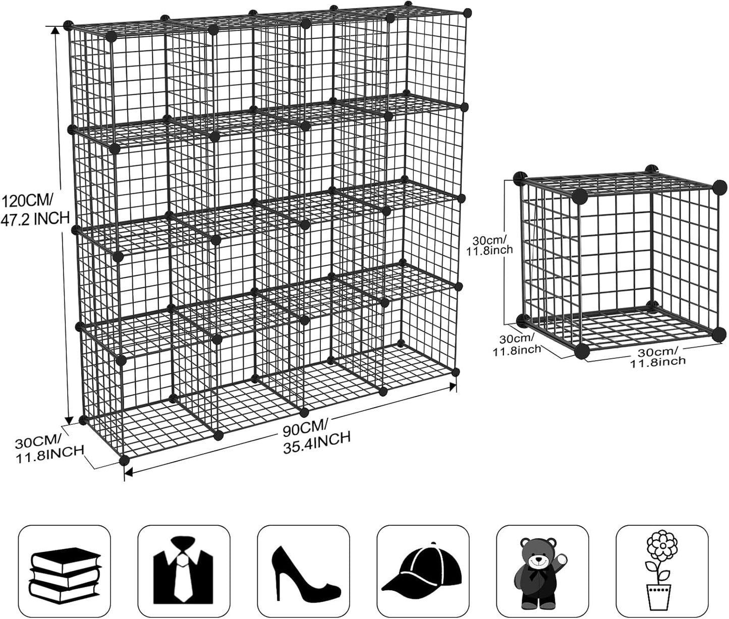 TUMUCUTE Wire Storage Cubes, Metal Storage Shelves Bookshelf, Stackable Modular Closet Organizer for Bedroom Living Room, Office, Black (16 Cubes, Iron)