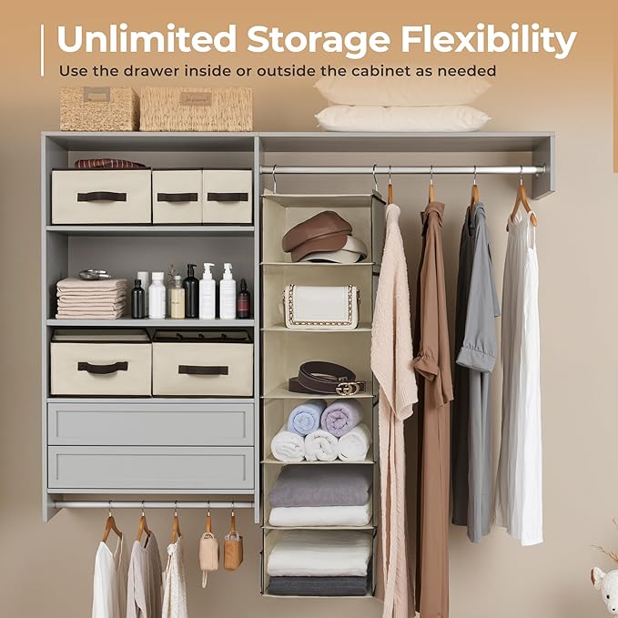 GRANNY SAYS Hanging Closet Organizers and Storage 6 Shelves, Closet Hanging Organizer with 5 Drawers, 6 Side Pockets Hanging Storage Organizer, Portable Clothes Organizer for Closet, Beige