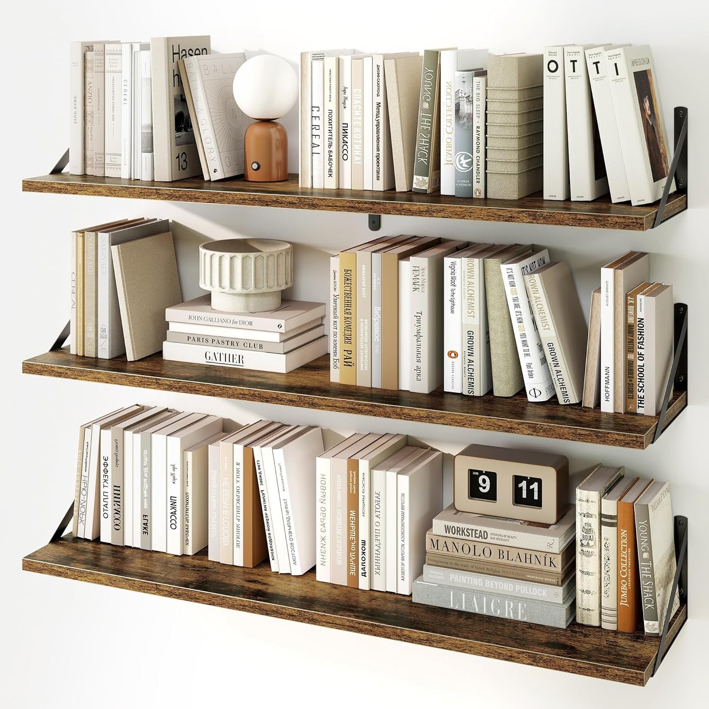 Fun Memories Long Wall Shelves for Bedroom, Set of 3 Large 40-Inch Floating Bookshelves, Rustic Wood Display Shelf for Home and Office (Rustic Brown)