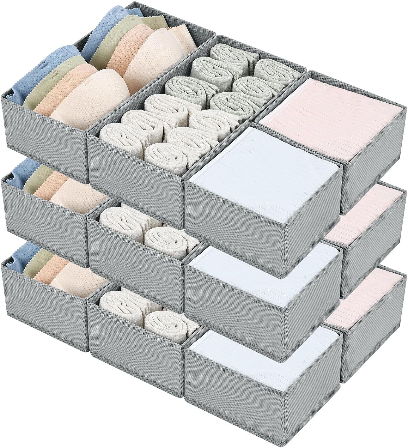 DIMJ Drawer Organizers for Clothing, Set of 12 Dresser Drawer Organizers, Fabric Closet Organizers and Storage, Drawer Dividers for Baby Clothes, Socks, Belt, Tie (Grey)