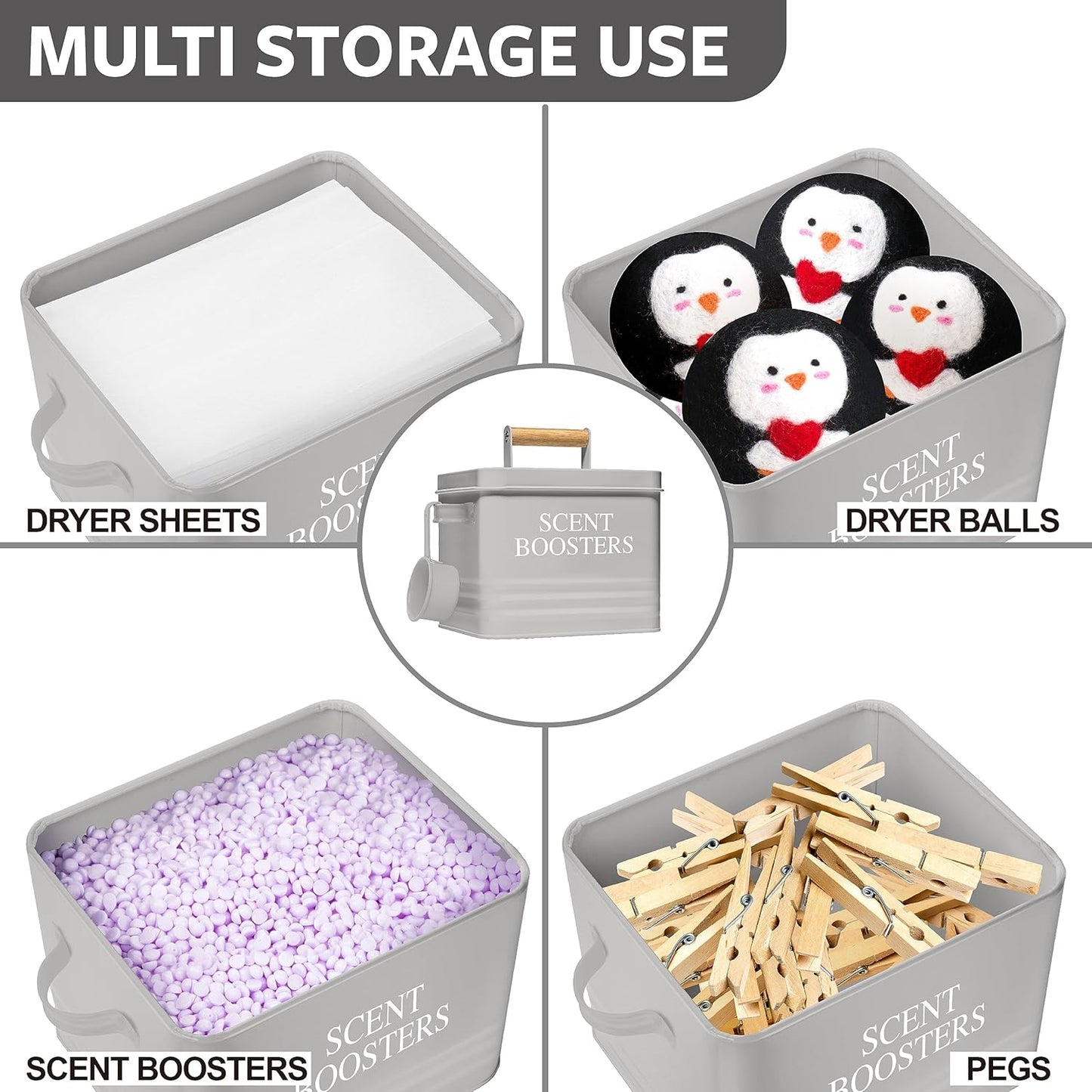 Calindiana Metal Laundry Holder, Grey, Modern Farmhouse Design, Scent Booster Beads Dispenser with Lid, Storage Container with Scoop & Handles, Space Saving Laundry Room Organization, 53 oz Capacity