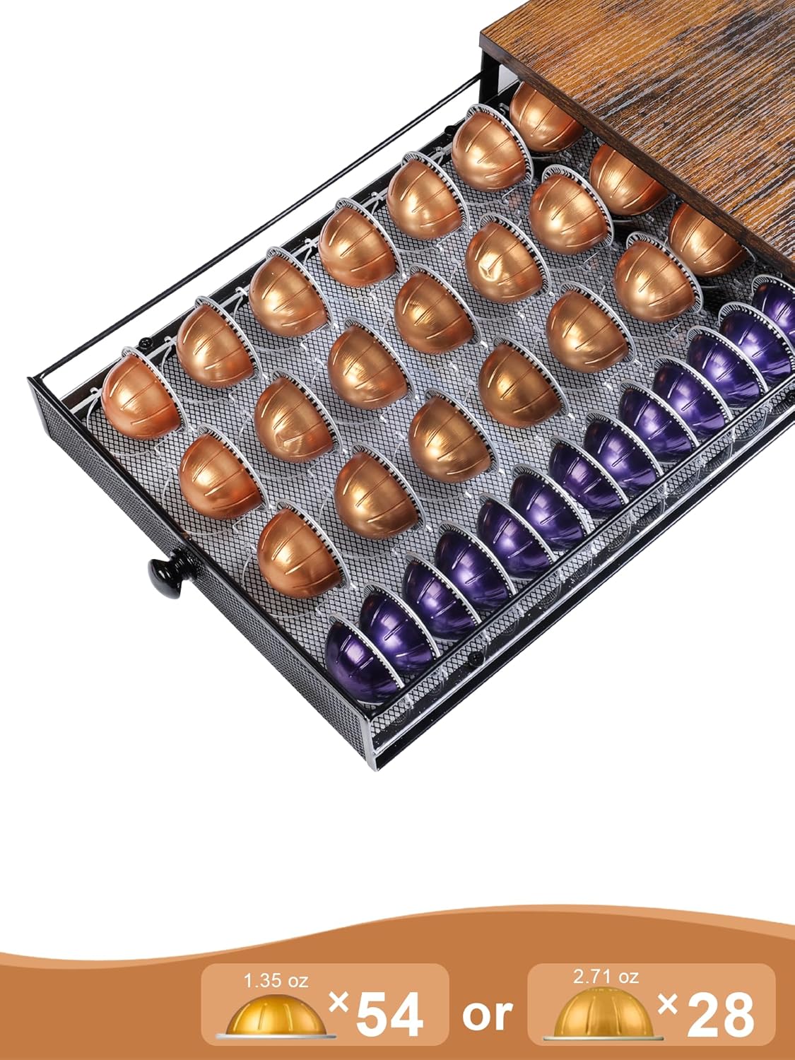 Coffee Pod Holder Drawer Organizer Vertuo Capsules Storage Organizer with Sliding Drawer Compatible For Nespresso Vertuo Pods, Holds up to 54 Small or 28 Big Vertuo Pods Rustic Brown