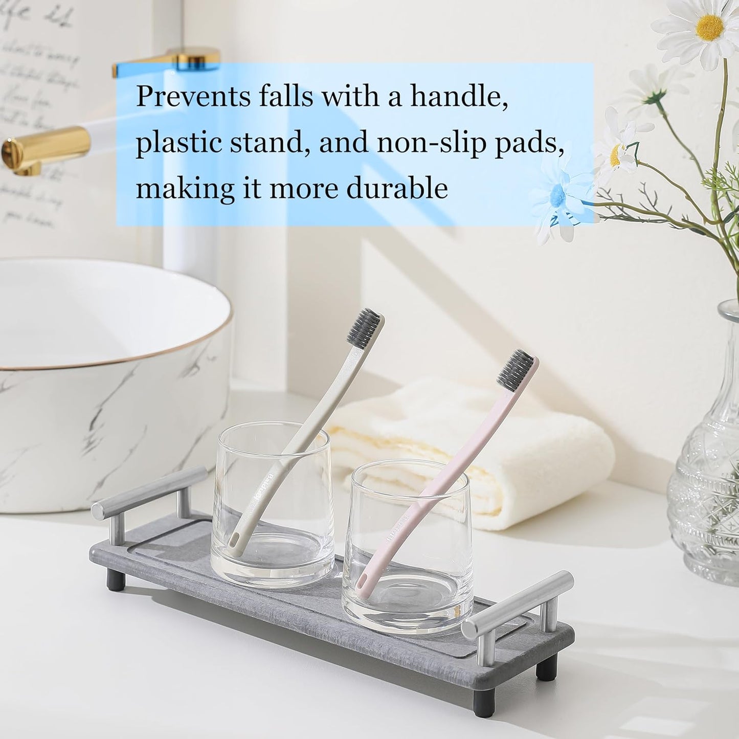 2PCS Quick Dry Stone Sink Tray, Water Absorbent Instant Drying Diatomite Tray for Sink, Instant Drying Stone, Kitchen Sink Caddy Bathroom Soap Dispenser (Dark Grey & Silver Handle, Small)