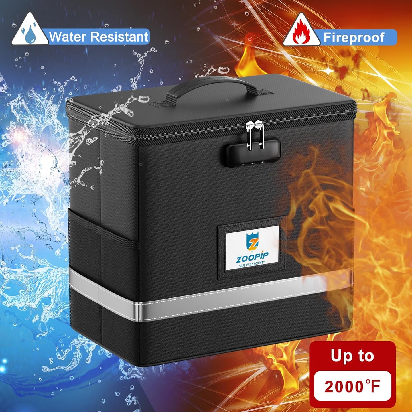 Fireproof File Box with Lock, Document Box Storage Organizer, Suitable for Hanging File Folders in Letter Size, Collapsible File Box, Reflective Strip for Fast Find (12.2"*6"*10.2, Black)