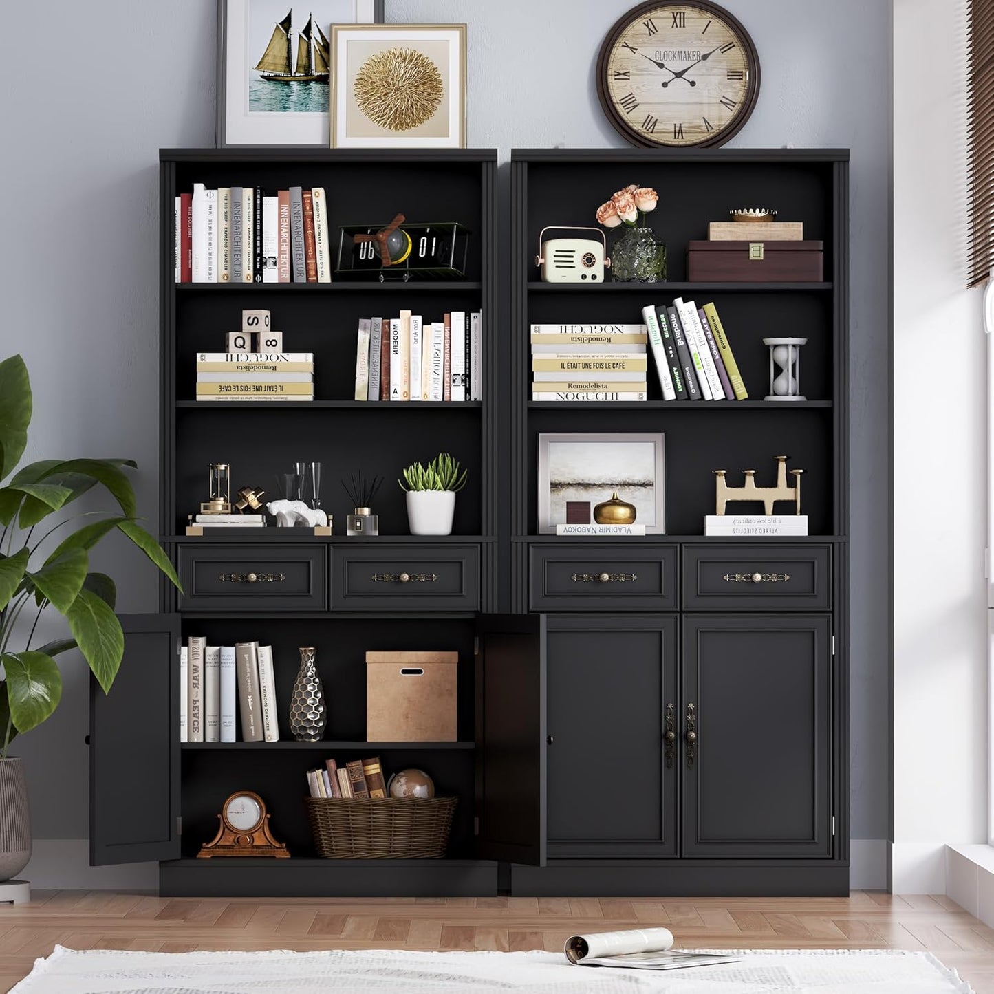 71.4" Tall Bookshelf with Drawers & Cabinet, 5-Tier Floor Standing Bookcase with Storage Doors, Adjustable Shelves & Metal Handles, 31.5" Wide Organizer for Home Office, Living Room