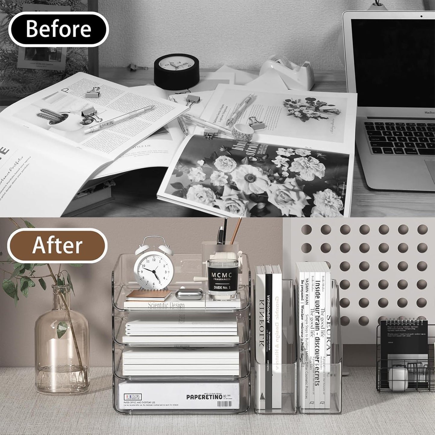 4-Tier Brown Acrylic Paper Tray Organizer for Desk + 2 Bookends – Stackable Letter Tray, Acrylic Desk Accessories/File Organizer, Office Paper Organizer