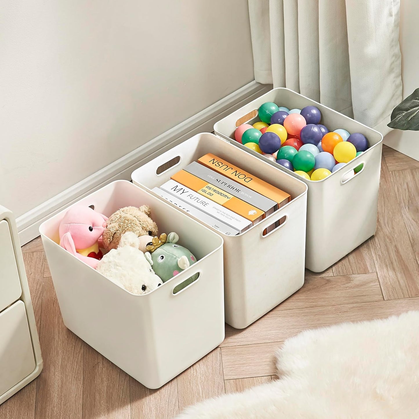 4 pack large plastic White storage bins Baskets, Toy Box Chest with Lids and Handle，Organizer Containers for Baby，Kids,snacks,Nursery，Shelves，Playroom, Bedroom，Office,Closet，home