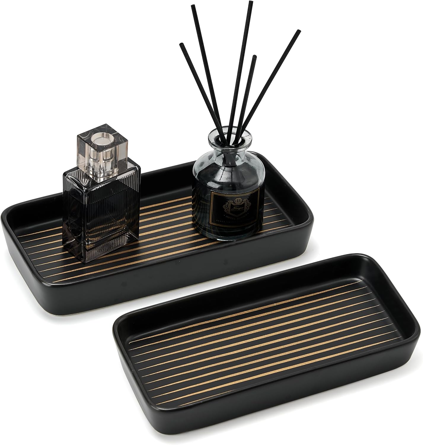 Bathroom Vanity Tray for Countertop,2PC Rectangle Striped Tray,Decorative Bathroom Organizer for Scrubber, Lotion Bottles, Perfume, Jewelry, Candle, Key Trinket Ring(Small,Black)