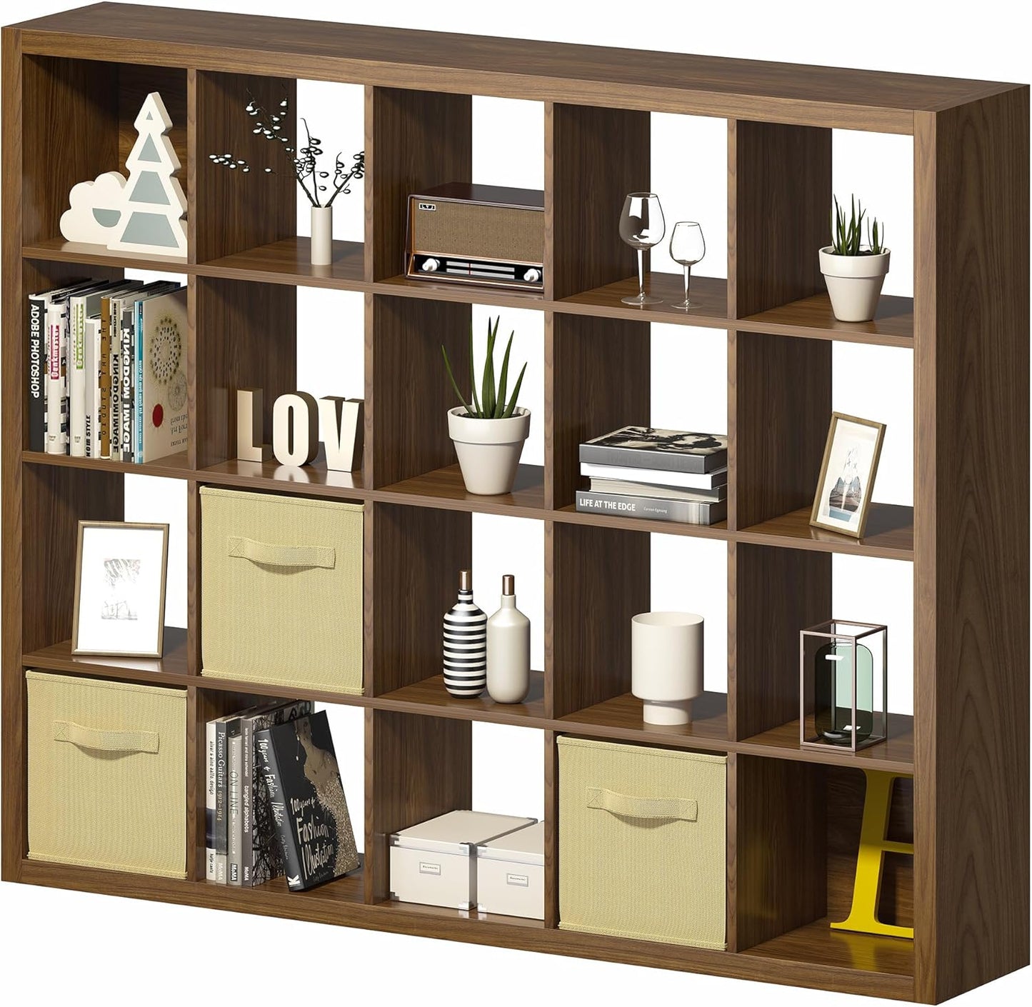 Bookshelf with Storage Bins, 20-Cube Storage Organizer Sturdy Wooden Bookcase Open Book Shelf, Multifunctional Cubicle Rack for Storage & Display, Furniture for Living Room Bedroom Office, Classic Oak