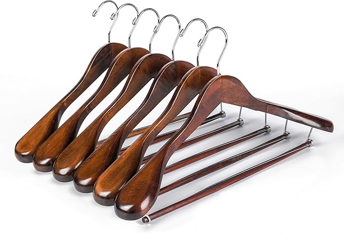 Luxury Wide Shoulder Wooden Hangers 6 Pack, with Locking Bar, Smooth Retro Finish Wood Suit Hanger Coat Hanger for Closet, Holds Up to 20lbs, 360° Swivel Hook, for Jacket, Dress Heavy Clothes Hangers