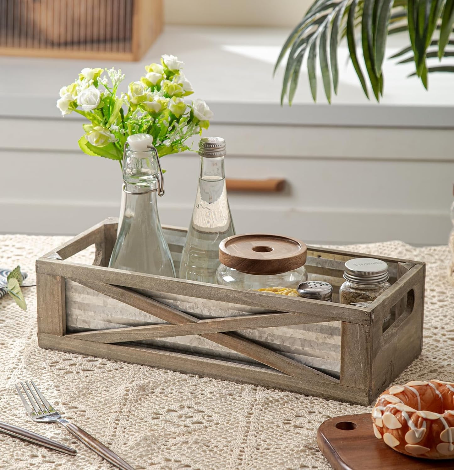 Wooden Toilet Tank Basket, Rustic Bathroom Decor Box, Farmhouse Toilet Paper Organizer Holder, Decorative Bathroom Storage Basket, Barn Door (Gray)