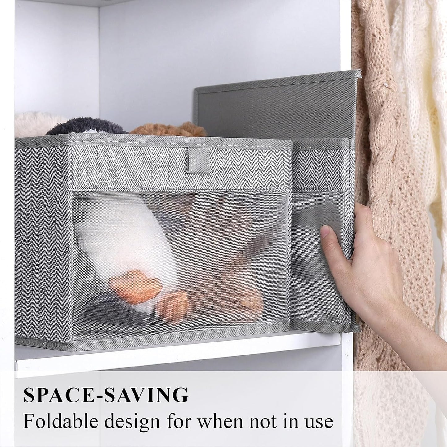WUIKE Closet Storage Bins, Medium Storage Boxes with Clear Window, Fabric Storage Baskets for Organizing Clothes, Sheets, Blankets, Decorative Storage Bins, Herringbone Gray