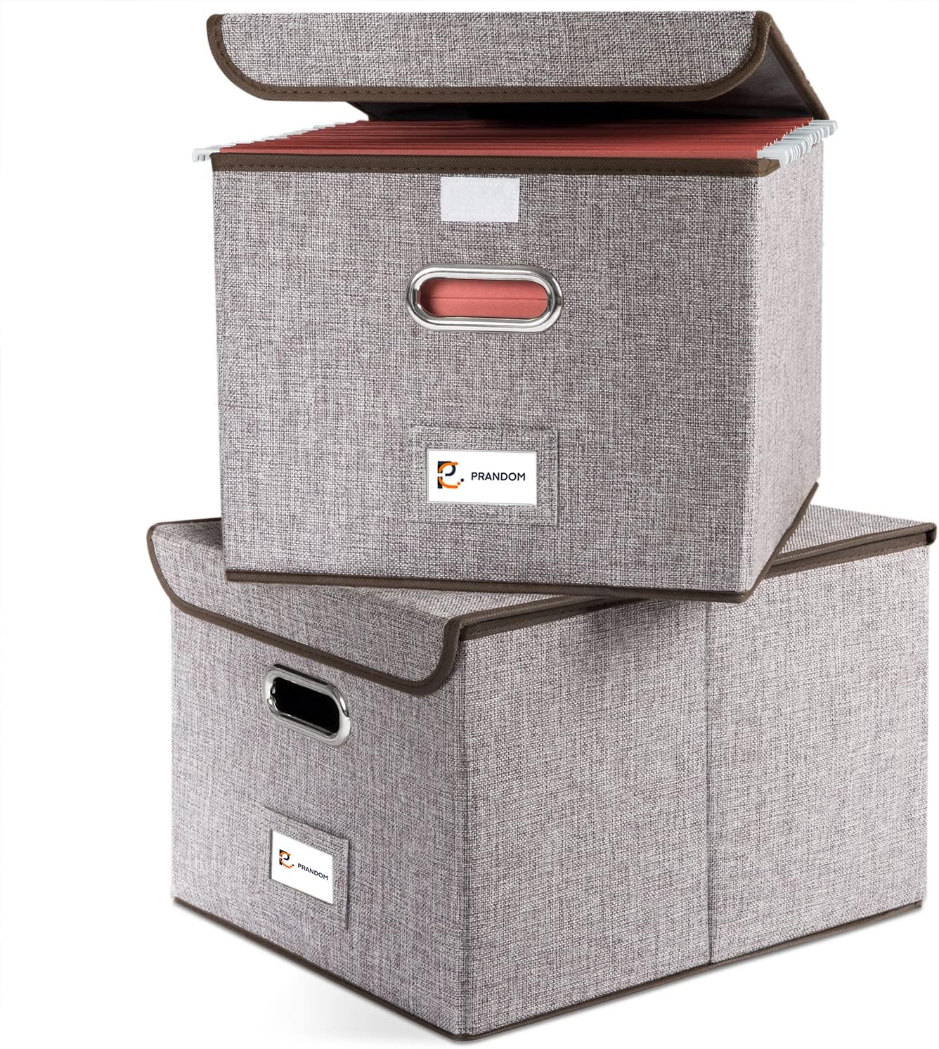 PRANDOM File Organizer Box - Set of 2 Collapsible Decorative Linen Filing Storage Hanging File Folders with Lids Office Cabinet Letter Size (15x12.2x10.75 inch)