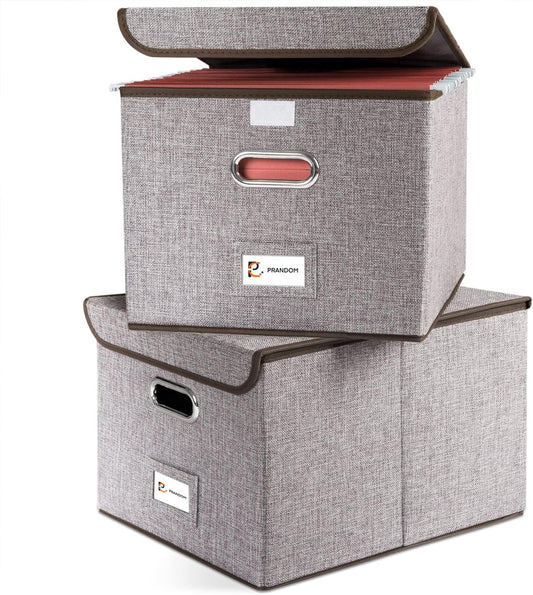 PRANDOM File Organizer Box - Set of 2 Collapsible Decorative Linen Filing Storage Hanging File Folders with Lids Office Cabinet Letter Size (15x12.2x10.75 inch)