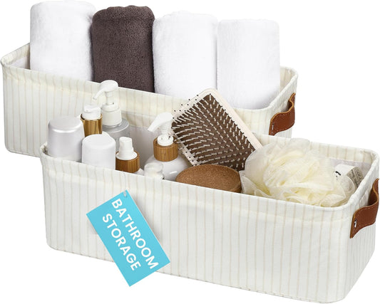 OrganiHaus Narrow Storage Bins 15x06in, Small Closet Bins for Shelves, Bathroom Storage Baskets, Narrow Baskets, Fabric Organizer with Handles, Toilet Paper Organizer - 2 Pack, White w/Brown Stripes
