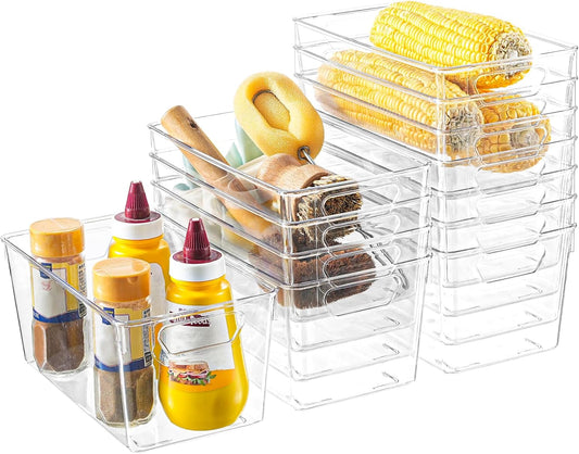 Clear Plastic Storage Bins, 12 Pack Acrylic Pantry Organizer and Storage Bins, Fridge Organizer, Small Plastic Containers Bins with Handles, CabinetOrganizer for Kitchen,Bathroom,Refrigerator,Shelves