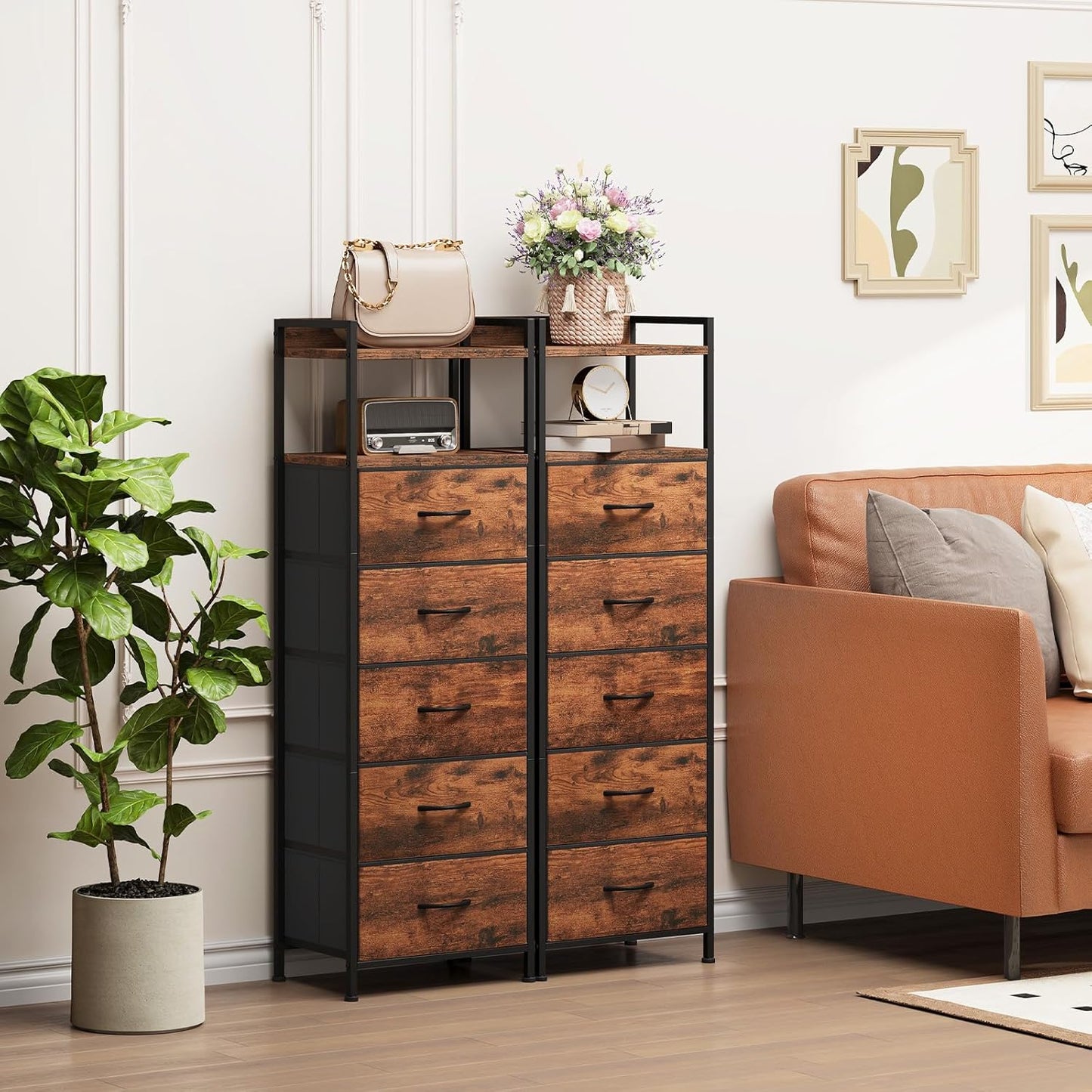 Somdot Tall Night Stand for Bedroom,Tall 5 Drawers Dresser, Vertical Storage Tower Unit, Nightstand Furniture with Fabric Drawer Organizer in Bedside Kids Room, Laundry Entryway, Wood Grain Print