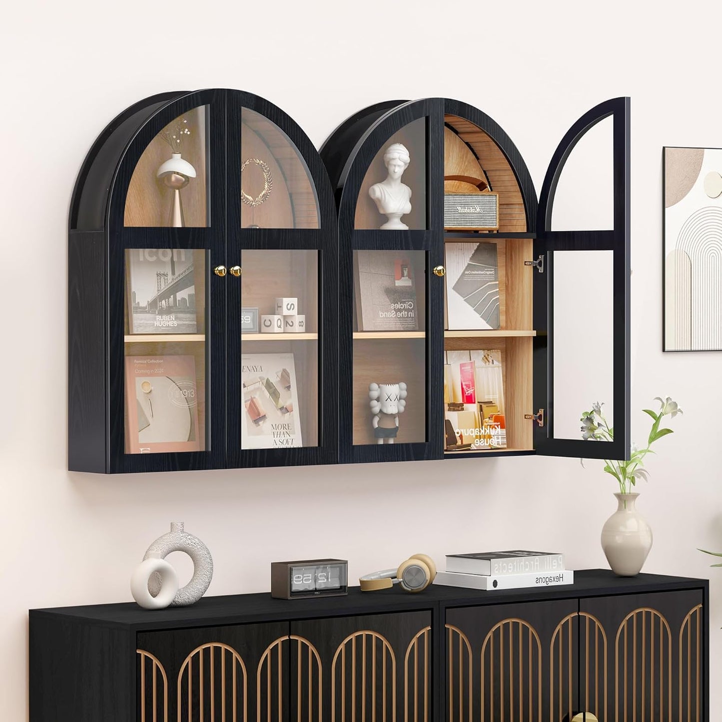 Arched Bathroom Wall Cabinet, Arch Medicine Cabinet Wall Mounted with Acrylic Doors, Wall Over The Toilet Storage Cabinet with Adjustable Shelves for Laundry Room, Kitchen (Black)