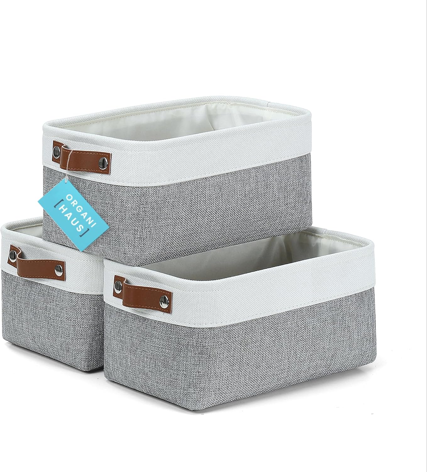 OrganiHaus Small Fabric Storage Baskets for Shelves 3 Pack, 12x08in Closet Storage Bins for Shelves, Canvas Baskets for Organizing, Linen Closet Organizers, Cloth Basket, Gray/Off-White
