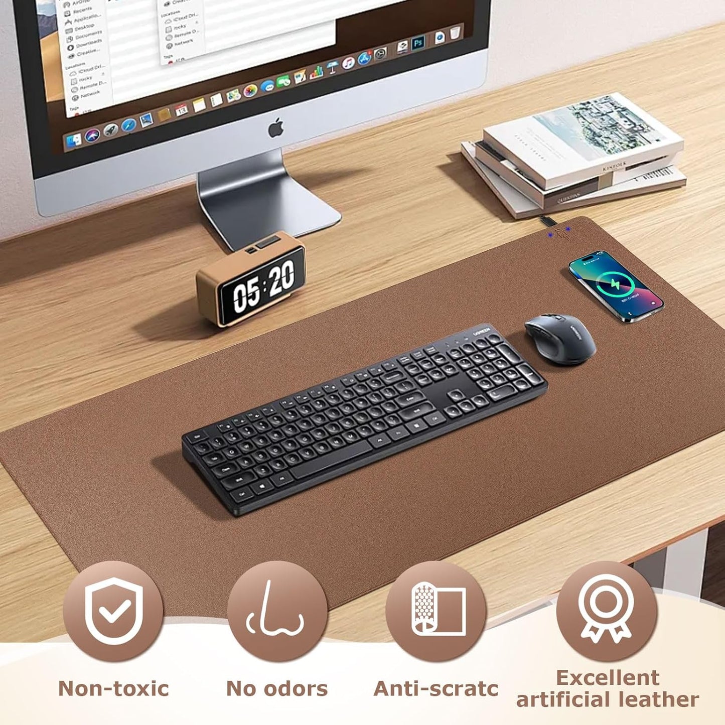 Wireless Charging Mouse Pad Firelison 2 in 1 Leather Multifunctional Office Desk Pad with Non-Slip Rubber Base, Waterproof Desk pad for Computers/Office/Work/Home/Decor（ 32" x 16"Buff - R）