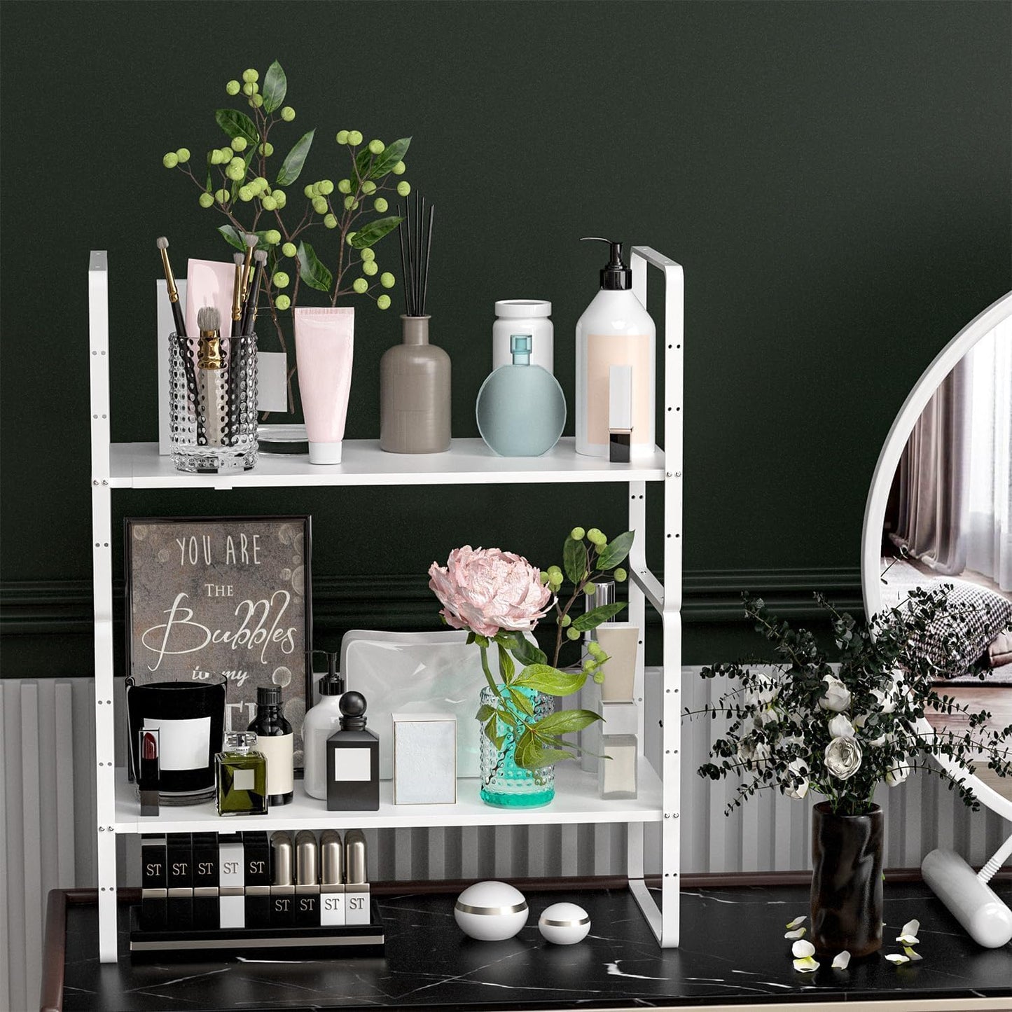 Redrubbit Expandable Cabinet Shelf Organizers, Stackable Kitchen Counter Shelves Spice Rack for Kitchen Bathroom Pantry Cupboard Desk Home Office, Metal Plate Heavy Duty Nonslip Black, Set of 2