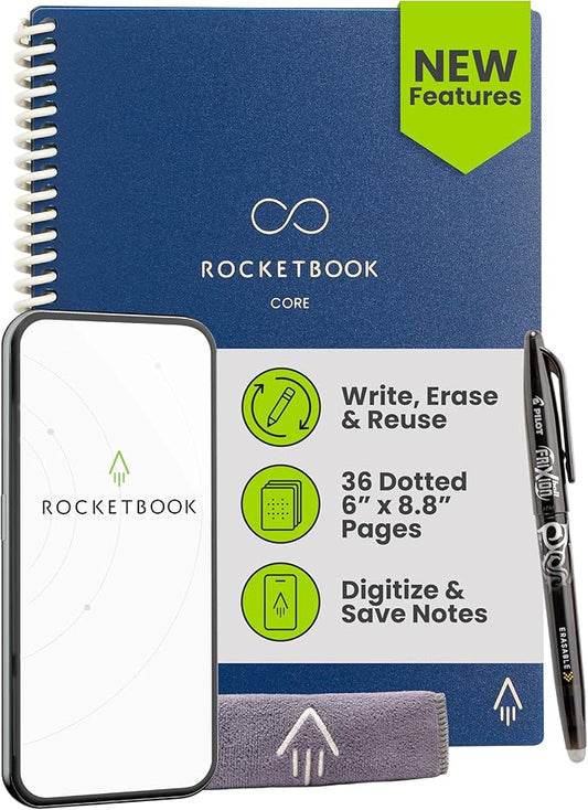 Rocketbook New Core Reusable Spiral Notebook, Executive Size 6x8.8, Navy Blue - Dotted Pages, App-Connected, Erasable, Durable Cover, Ideal for School, Work, and Creative Projects