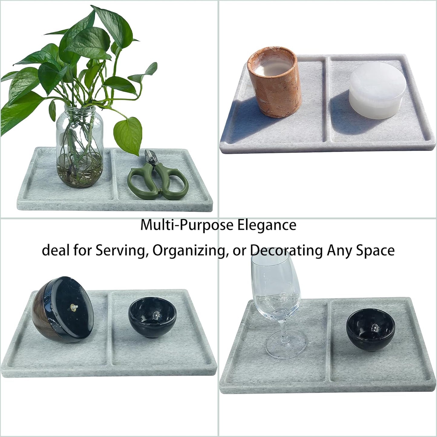 10"x8" Natural Marble Decorative Tray – Dual‑Compartment Stone Vanity Organizer for Jewelry, Keys & Soap – Premium Heat‑Resistant Bathroom Decor Gift(Belken White)