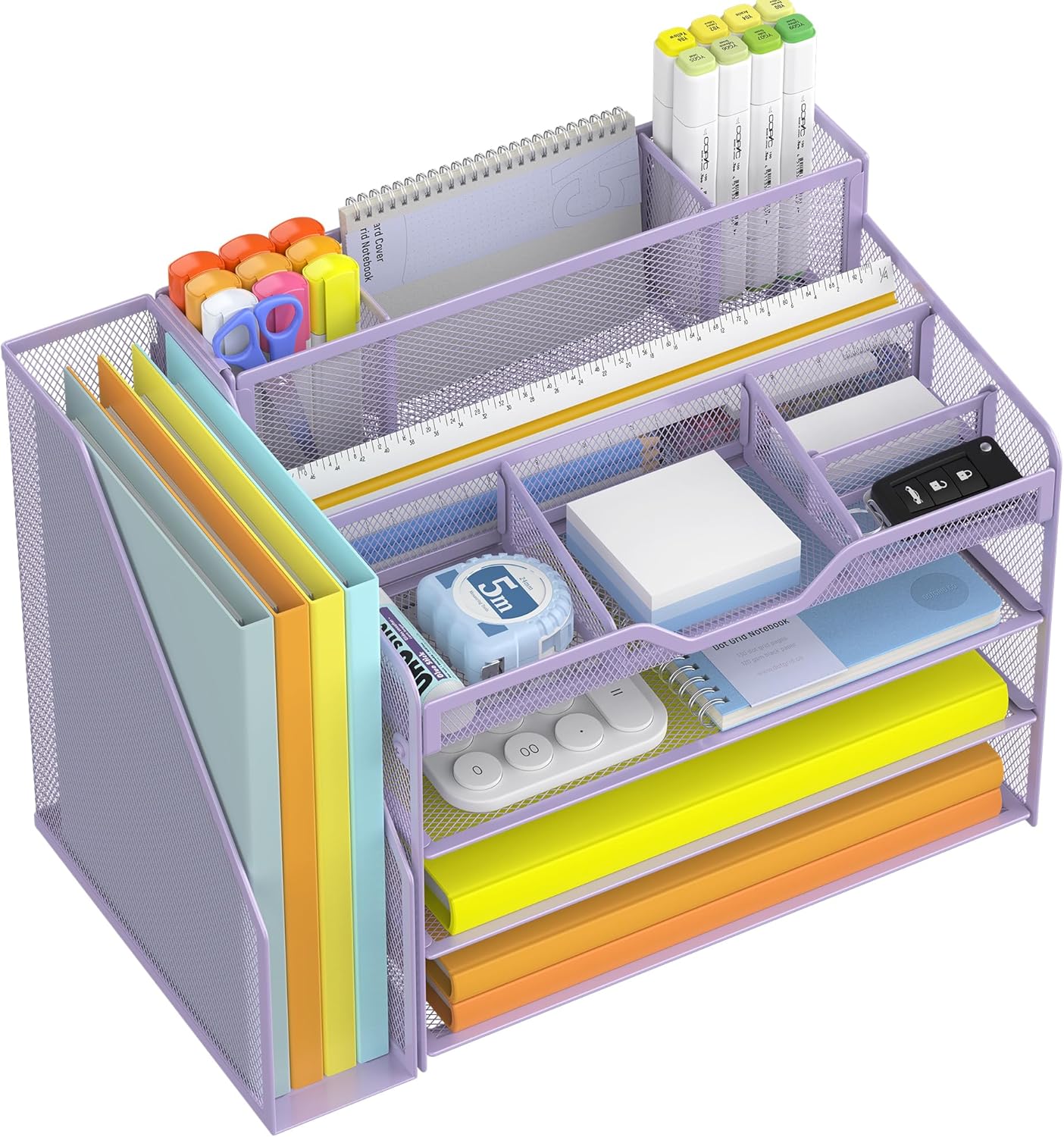 Docnest 4 Tier Mesh Desk Organizer with File Holder – Multi-Functional Paper Letter Tray with 5 Adjustable Compartments, 3 Pen Holders, Desktop Storage for Files, Mail, Stationery – Purple