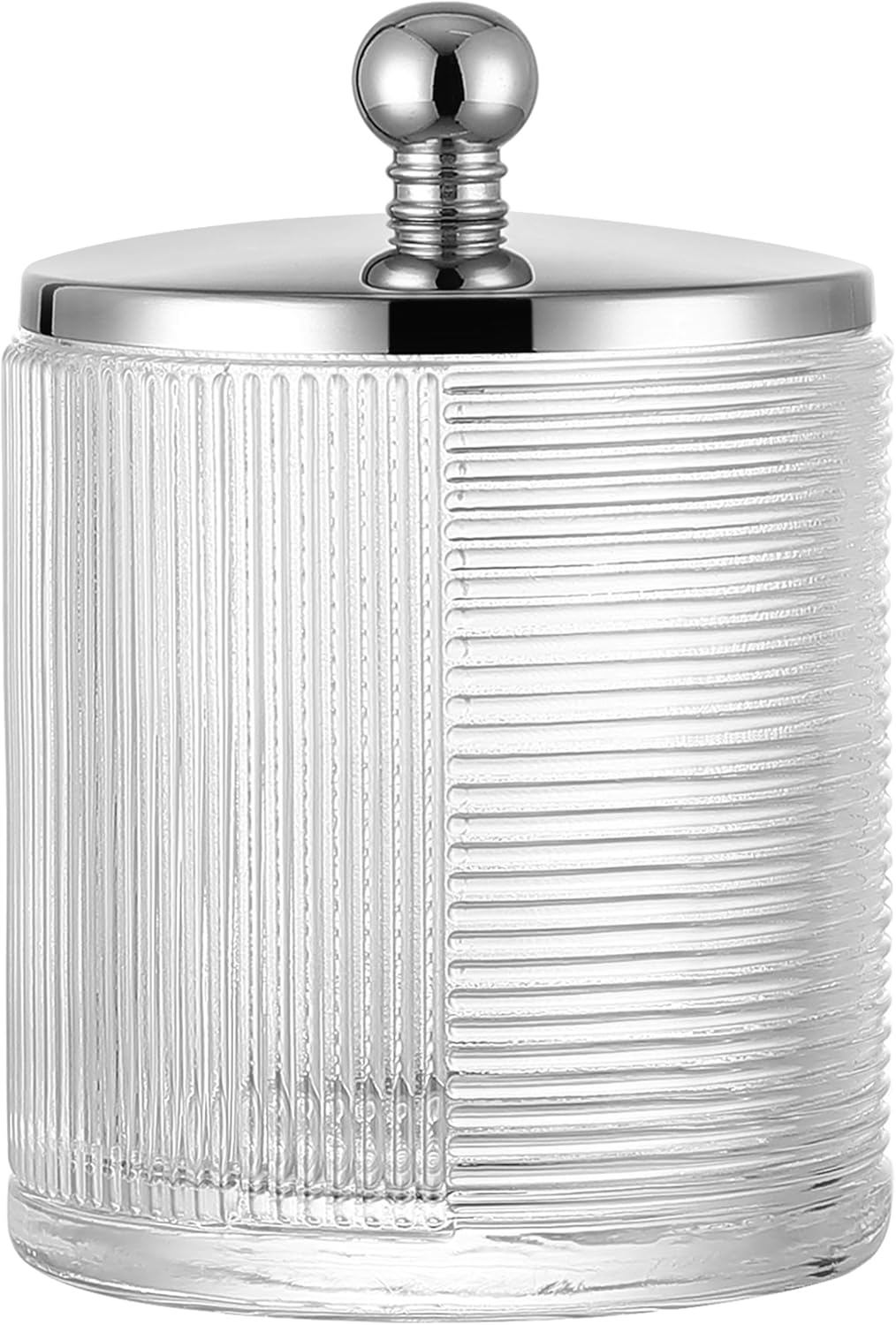 Clear Transparent Apothecary Ribbed Geometric Etched Glass Jar W/Silver/Chrome Metal Lid Cover for Bathroom Organization, Cotton Balls, Q Tips, and Small Accessories, Bathroom Storage