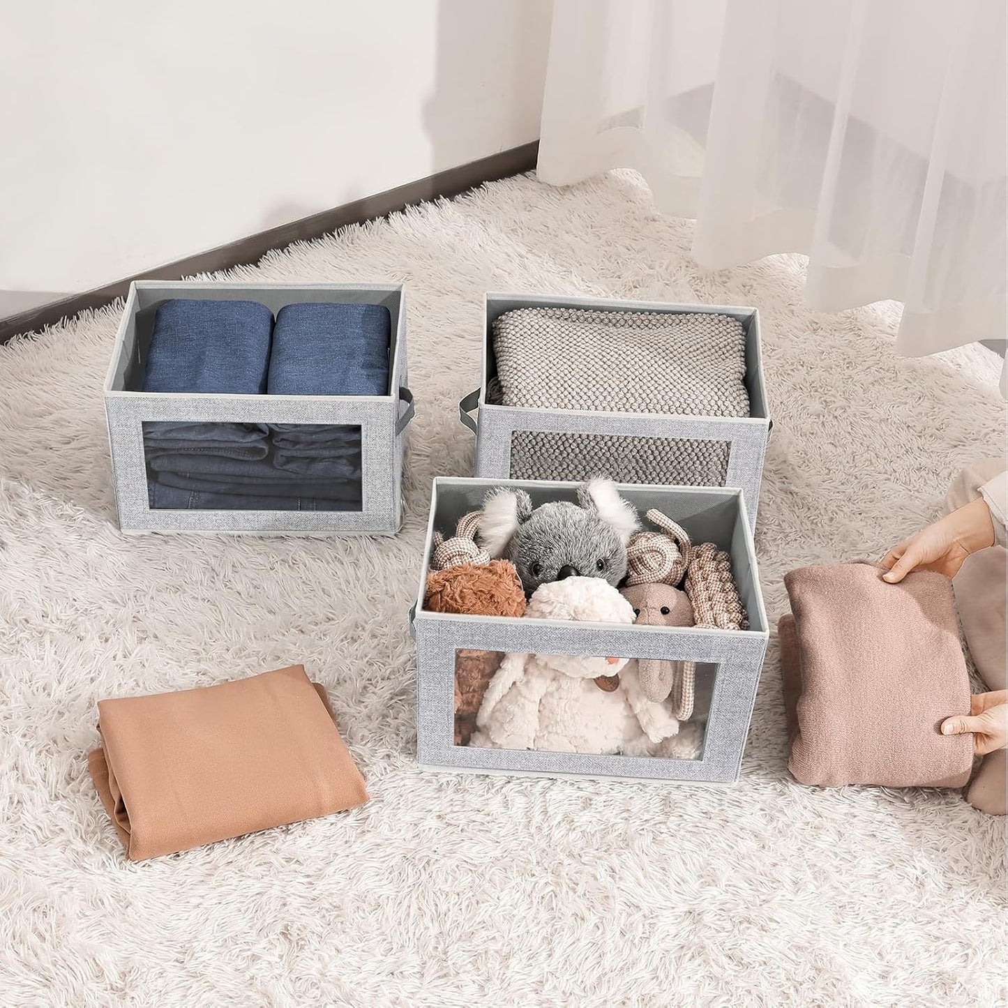 Stackable Storage Bins with Lids - Medium Storage Box with Lids, Foldable Storage Bins, Wardrobe Clothes Organizer with Window, Cubes Storage Bins for Living Room, 6 Pack, Blended