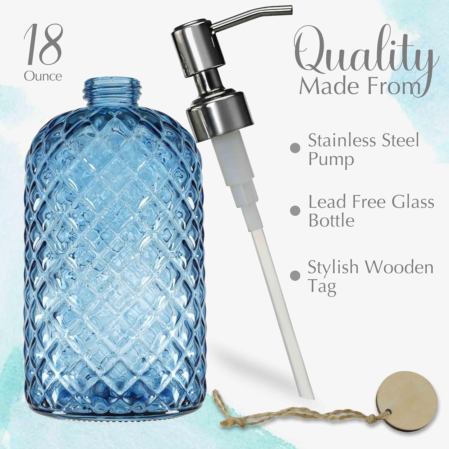 JASAI 18Oz Gem Patterned Glass Soap Dispenser for Kitchen, Refillable Hand soap Dispenser with Rust Proof Stainless Steel Pump, Clear Soap Dispenser Bathroom for Dish Soap, Hand soap, Lotion(Blue)