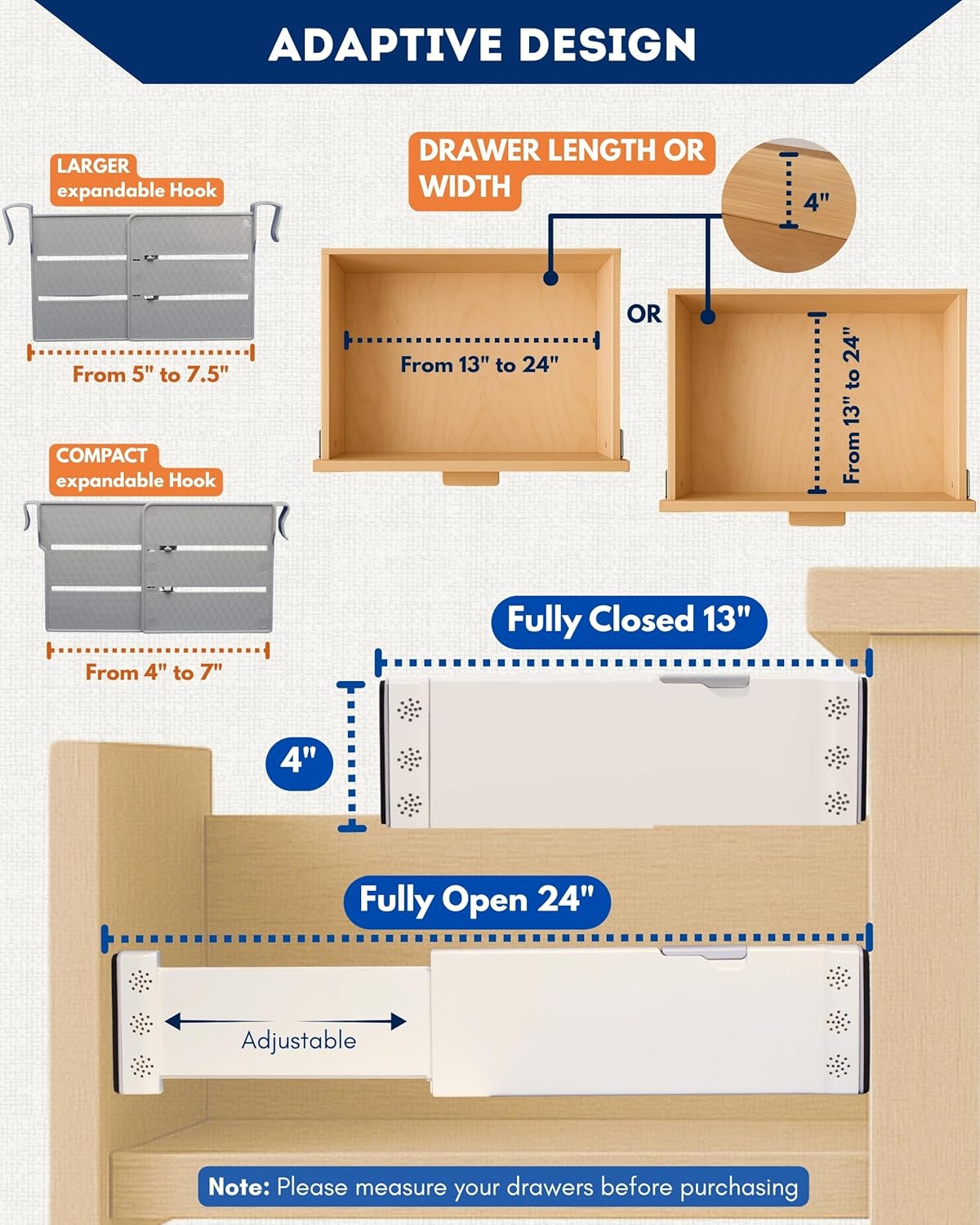 4 Pack Drawer Dividers for Clothes with Insert Slots 4" High, 13-20.4" and 4 Adjustable Hooks, Expandable Dresser Drawer Dividers and Organizer for Closet, Kitchen, Bathroom, Office