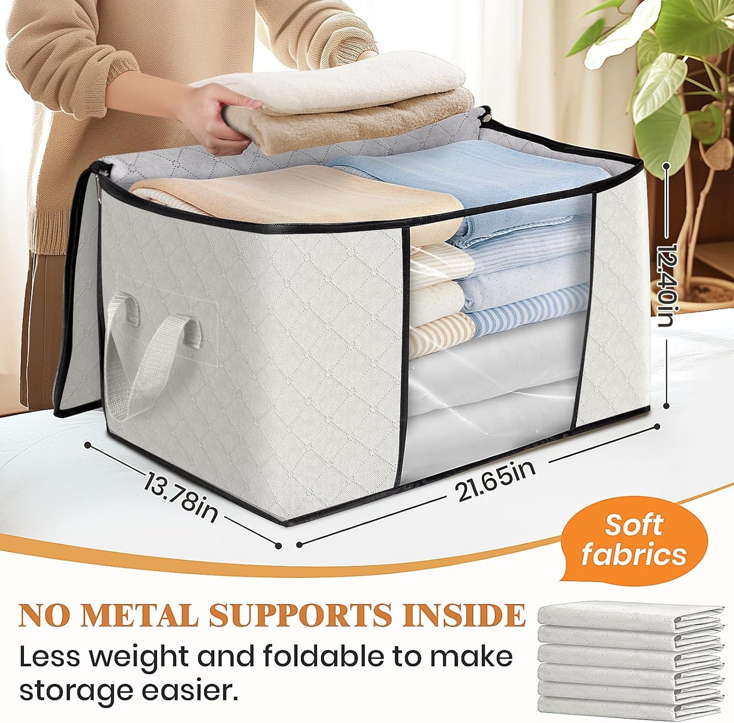 Fab totes 10 Pack Clothes Storage, Foldable Thick Fabric Blanket Storage Bags, Containers for Organizing Bedroom, Closet, Clothing, Comforter, Organization with Handle,Ivory White