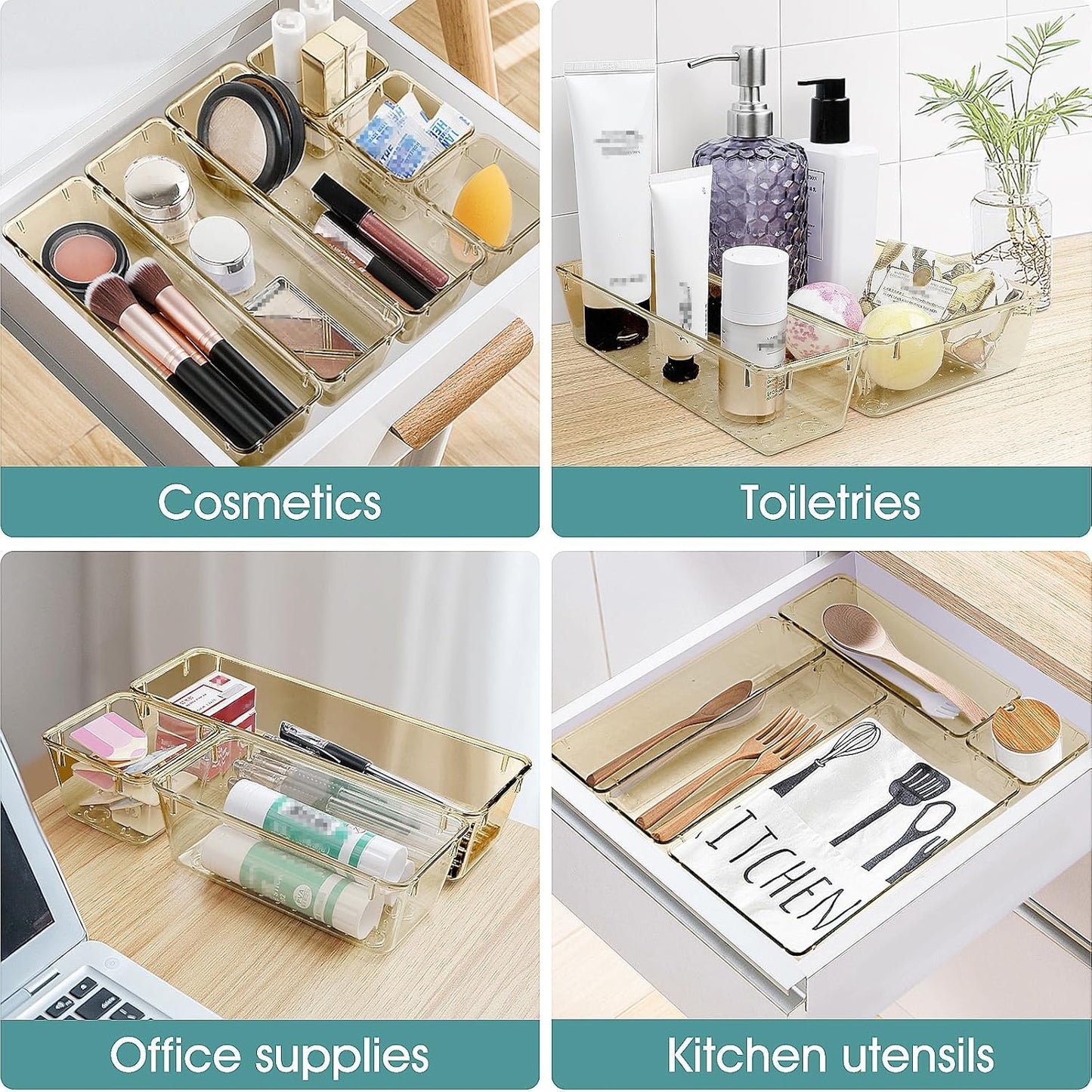 WOWBOX 25 PCS Plastic Drawer Organizer Set, 4 Sizes Desk Drawer Divider Organizers and Storage Bins for Makeup, Jewelry, Gadgets for Kitchen, Bedroom, Bathroom, Office, Clear Champagne