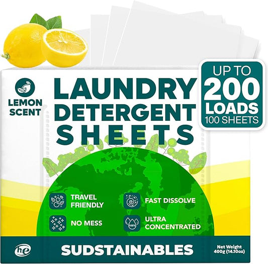 Sudstainables Laundry Detergent Sheets 200 Loads – Dissolvable Laundry Sheet for Washing Machines, Compact Alternative to Liquid & Powder Detergent, Travel-Friendly Soap | Lemon