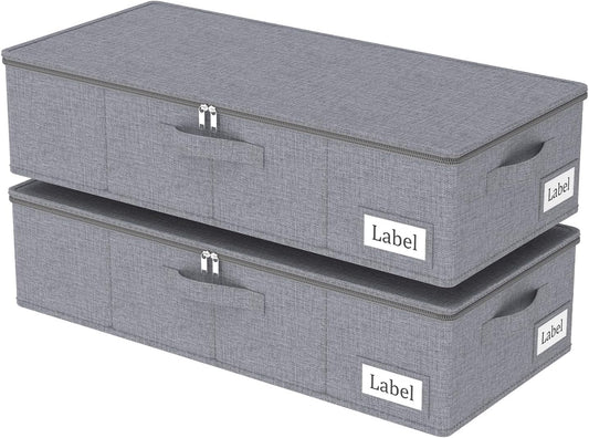 Yawinhe Underbed Bags, Storage Containers Bags with Lid, Foldable Blanket Bins, with Sturdy Zipper und Label Holders, for Clothing, 23.6''Lx11.8''Wx6''H, 2 Pack, Grey