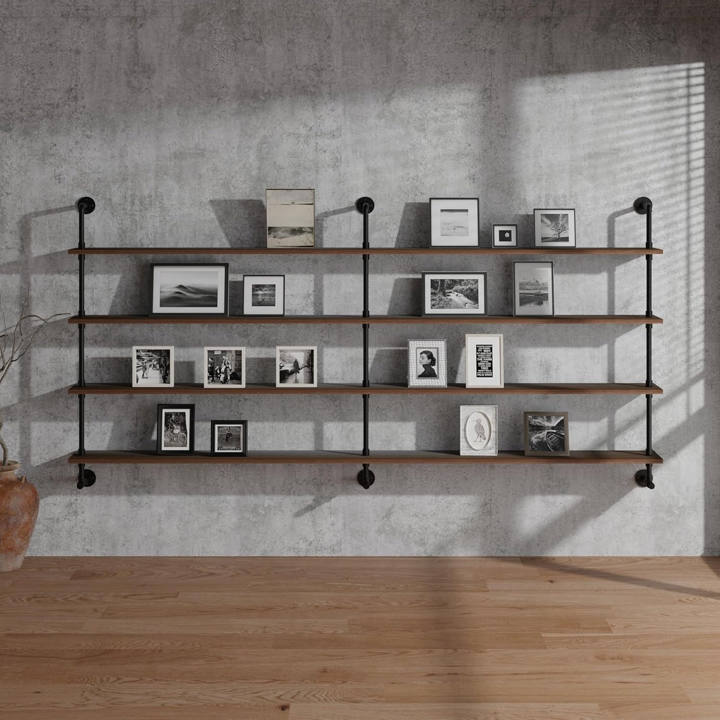 Industrial Pipe Wall Shelves Pipe Shelving with Real Wood Plank,60 Inches Floating Shelves for Wall Farmhouse Pipe Book Shelves Dark Brown 4 Tier for Kitchen,Living Room Decor and Bar Shelving