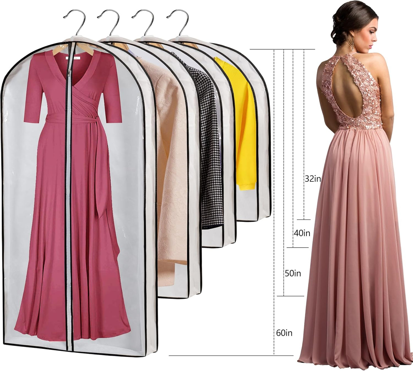 Clear Garment Storage with 4" Gusseted Hanging Covers - Durable, Transparent Protectors for Long Coats, Gowns, Dresses - 24"x 60"x 4" / 6 Pack