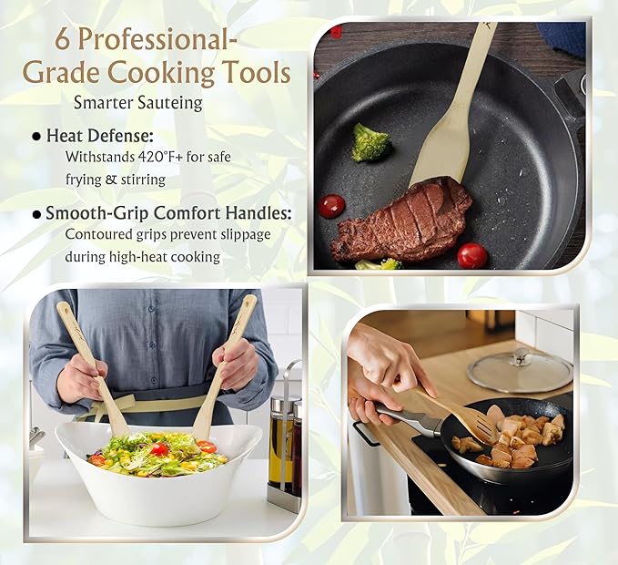 14-Piece Bamboo Wooden Kitchen Utensil Set - 6 Non-Scratch Heat-Resistant Cooking Tools with Storage Holes + 8 Small Spoons for Coffee, Tea, Eco-Friendly Sustainable Kitchen Gift Set