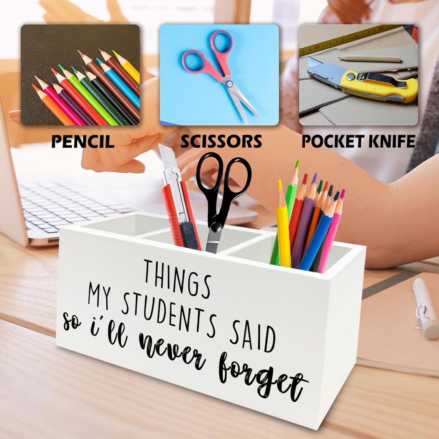 Teacher Gifts Pen Pencil Holder Organizer for Desk, Things My Students Said So I'll Never Forget Wooden Box Signs Decorations for Home Office Desk Tabletop, Teacher Appreciation Gifts