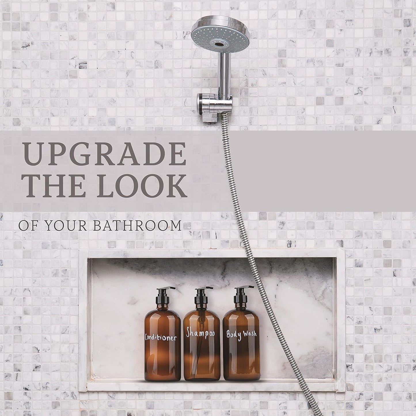 32 Ounce Glass Pump Dispenser Bottle, Large Amber Container with Pump for Shower and Bath Shampoo Soap Conditioner Lotion - 1 Liter Shower Bottles- by Kitchentoolz