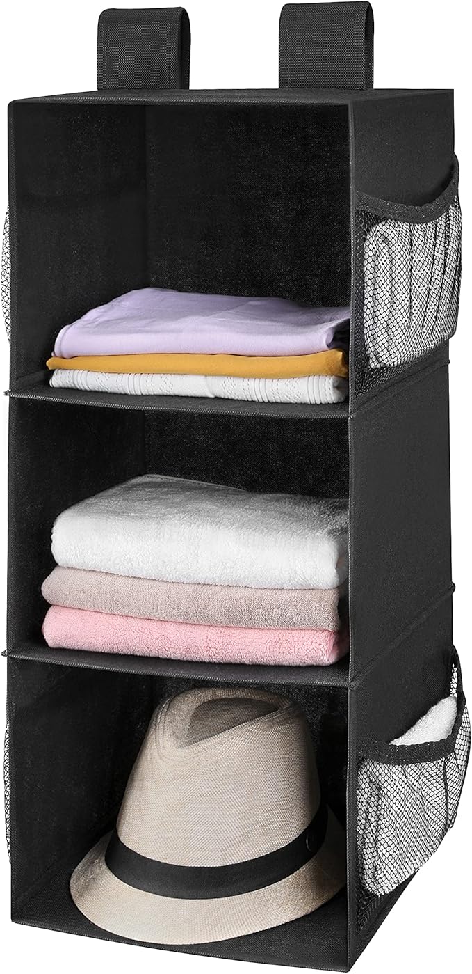MAX Houser 3-Shelf Hanging Closet Organizer, Hanging Sweater Organizer, Foldable Hanging Shelves for Closet with 2 Velcro, Black