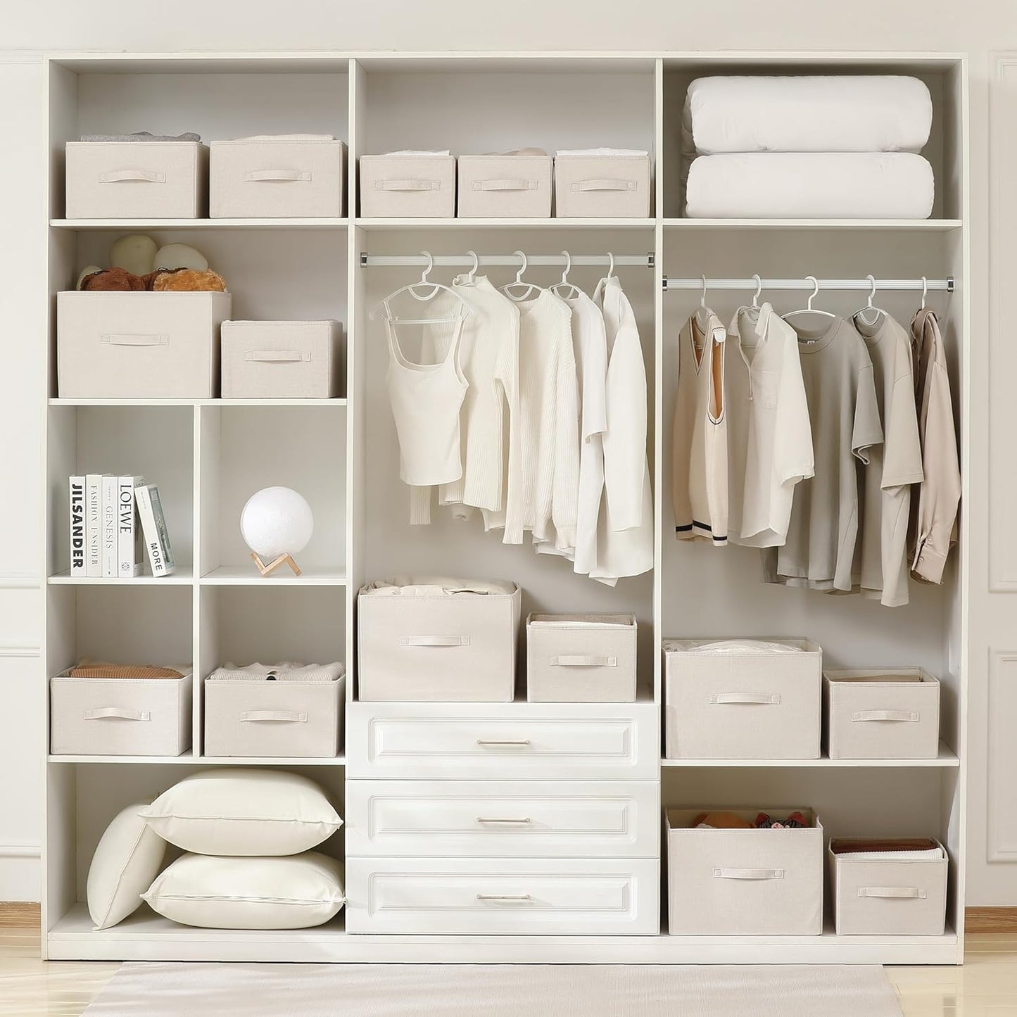 Linen Folding Storage Bins, 3 Pack Large Storage Baskets, Washable, Clothing Storage Bins with Handle, Closet Organizer for Storage Sweater,Sheets(Beige, 18½"x13½"x8½")