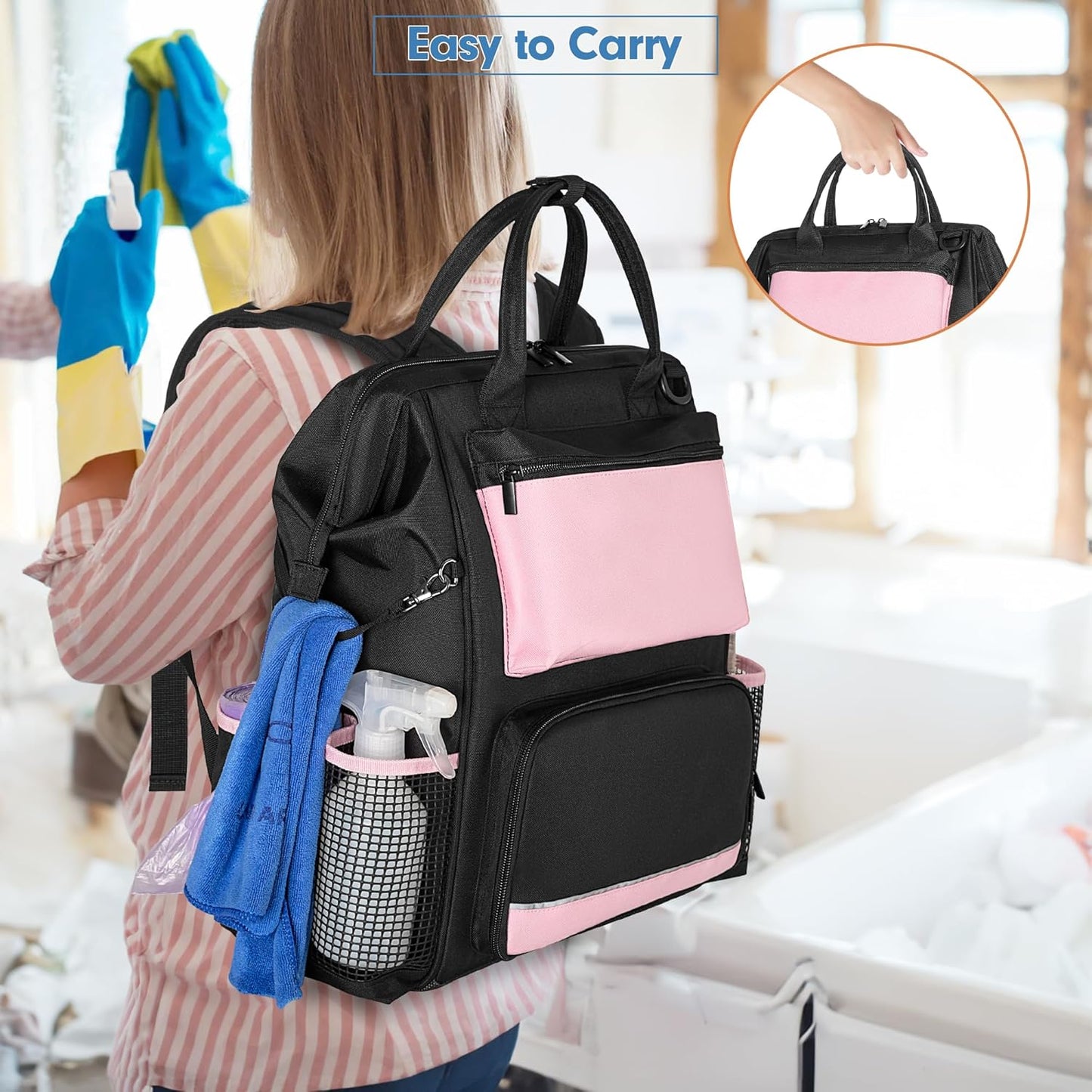 LoDrid Heavy Duty Cleaning Supplies Bag with Steel Frame Top, Large Cleaning Caddy with Adjustable Shoulder Straps and Multiple Pockets for Housekeeping Work, Pink, Bag Only, Patent Designed