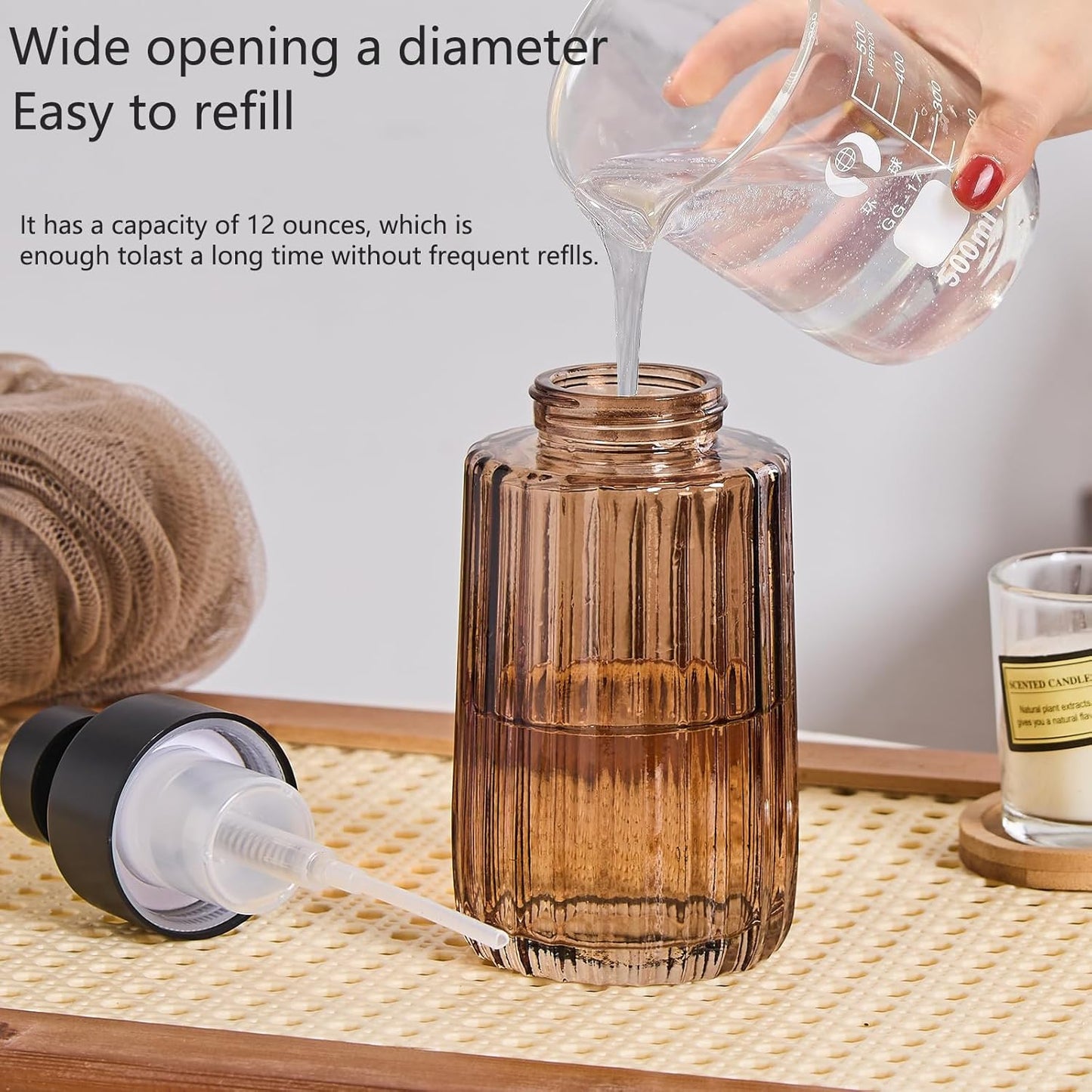 Ekirlin 12Oz Amber Glass Soap Dispenser with Black Rust Proof Stainless Steel Pump, Refillable Kitchen Soap Dispenser with Vertical Stripe, Bathroom soap Dispenser for Dispense Hand soap, Dish Soap